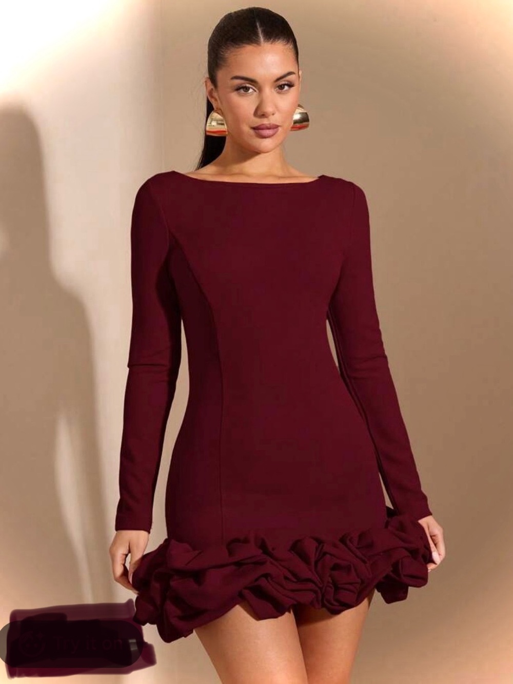 Elegant Long-Sleeve Ruffle Hem Dress in Burgundy